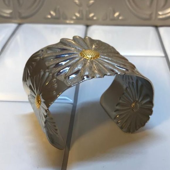 Wide Stainless Steel & Gold-Tone Sunflower Cuff Bracelet - Picture 5 of 9